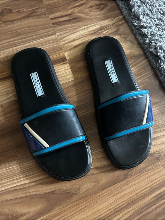 Prada Shoes - Prada Black Slides with Blue Trim and Navy Accents